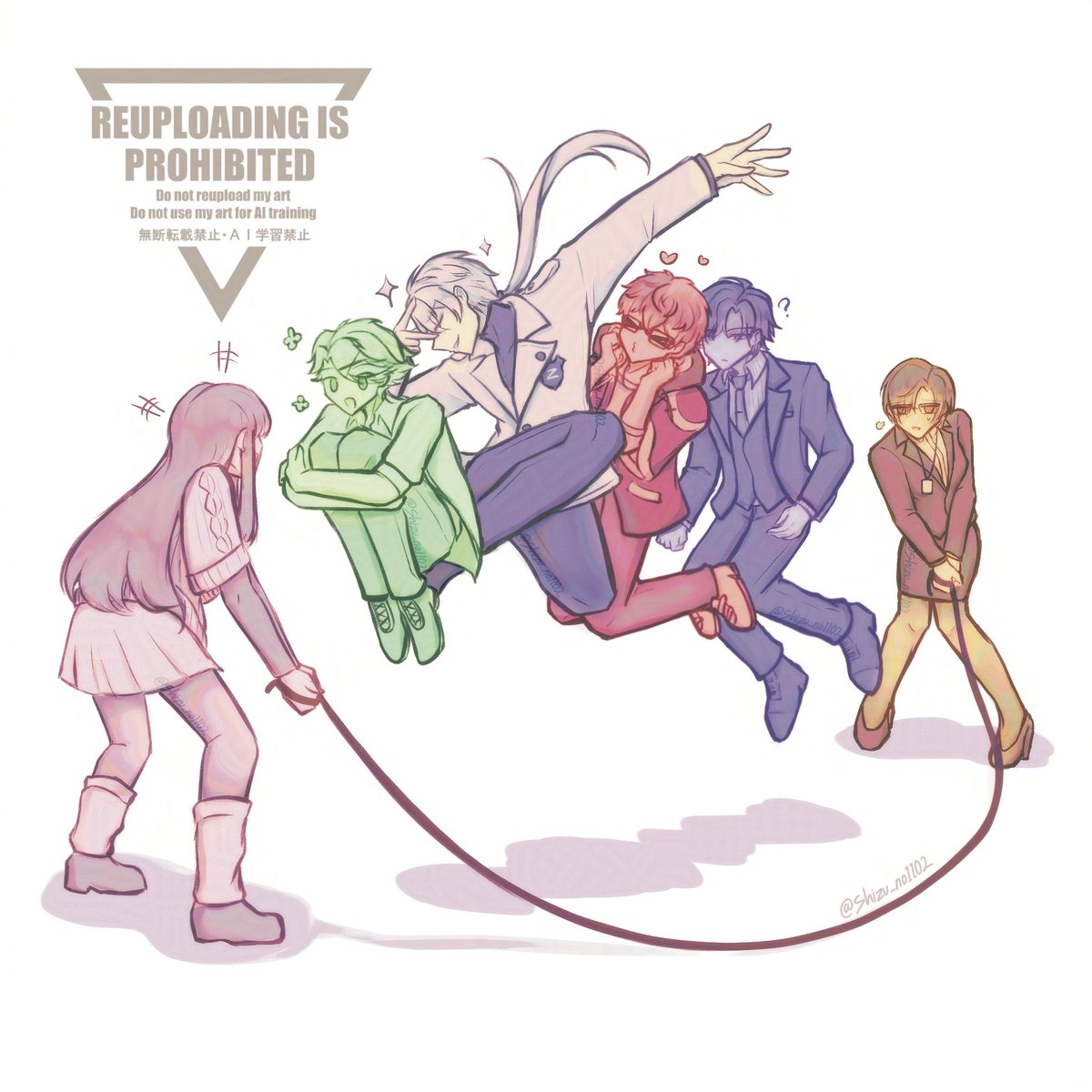 Shizu_no1102's tweet photo. RFA boys rope jumping ✨️ (ft. MC and Jaehee) #MysticMessenger https://t.co/SyhZz0ICDX