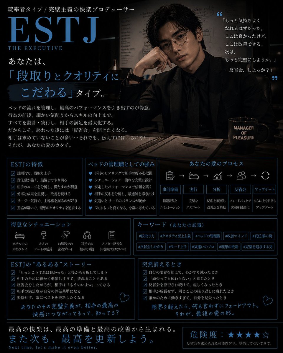 Once_sno's tweet photo. なんだこれ
ーーーーーーー
私のタイプは…
《管理職みたいなSEX職人》(ESTJ) 
でした🔥

たったの1分で結果がわかるから
あなたも診断してみて👇
【https://t.co/wQggM971hS】
ーーーーーーー
#エロMBTI https://t.co/t5U00SZjNR
