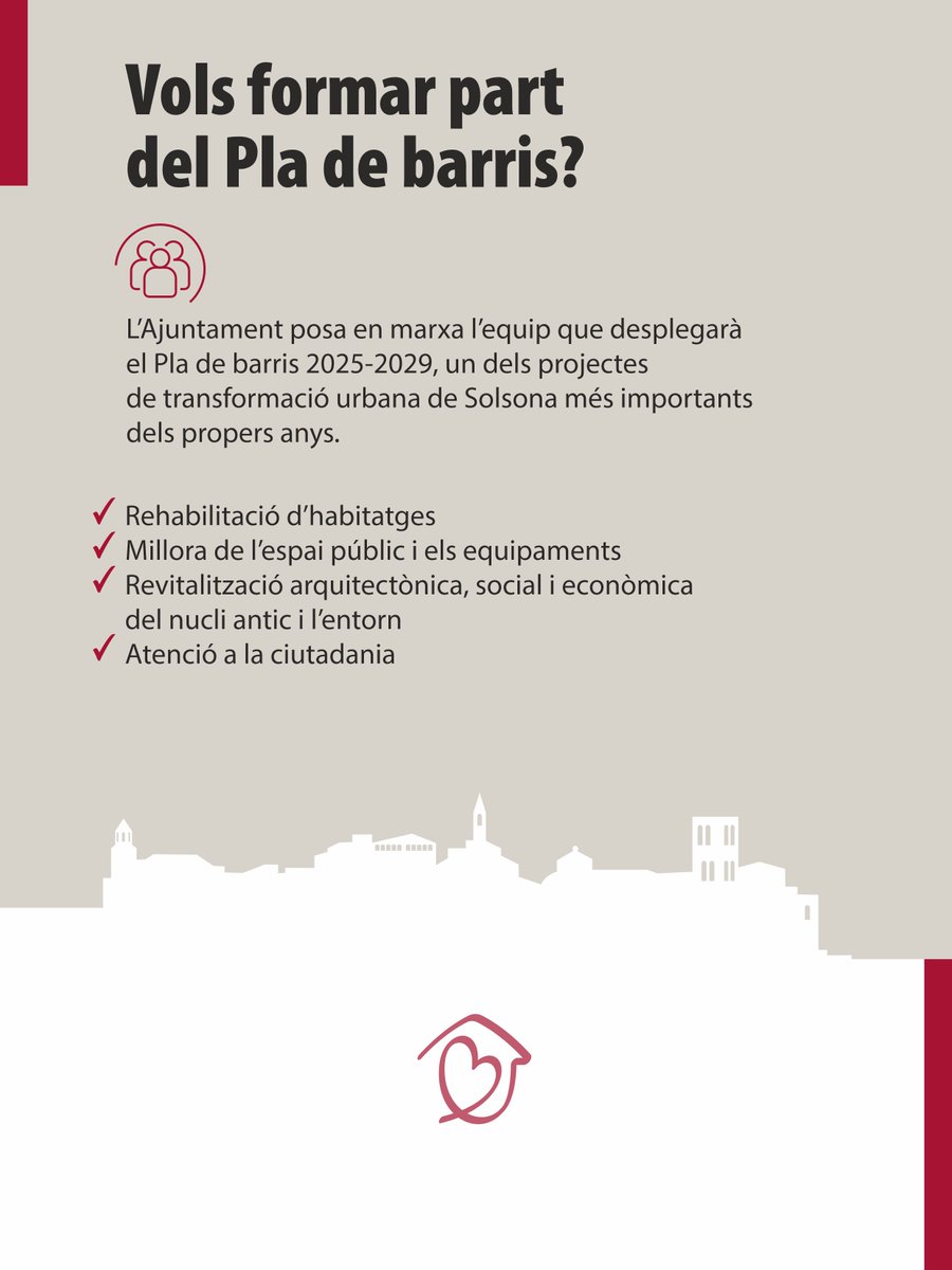 Solsona_cat's tweet photo. 📢 Vols formar part d'un dels projectes més importants dels propers anys a #Solsona?
S'obre la convocatòria de tres places per integrar l'Oficina del Nucli Antic (ONA), l'equip que impulsarà el desplegament del #Pladebarris 2025-2029.
📆 Sol·licituds fins al 28 d'agost.
🧵👇 https://t.co/t89uibBSXo