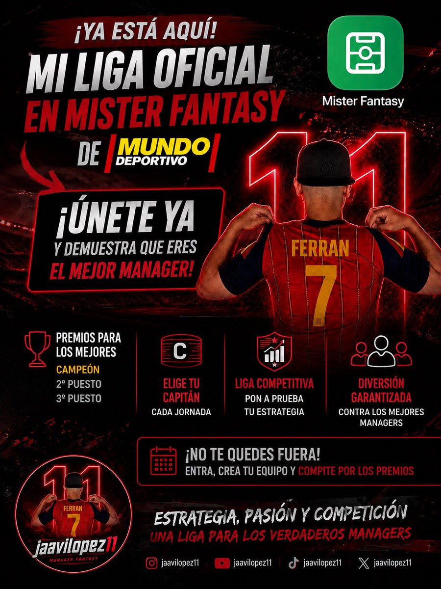 Jaavilopez_11's tweet photo. YA ES OFICIAL‼️

He creado junto a @MisterFantasyES mi primera Liga Oficial para esta nueva temporada de LaLiga 2026/27.

Ya podéis uniros a la liga desde este link👇🏽
https://t.co/sDZAzOh32Z https://t.co/QWwKmqFZTP