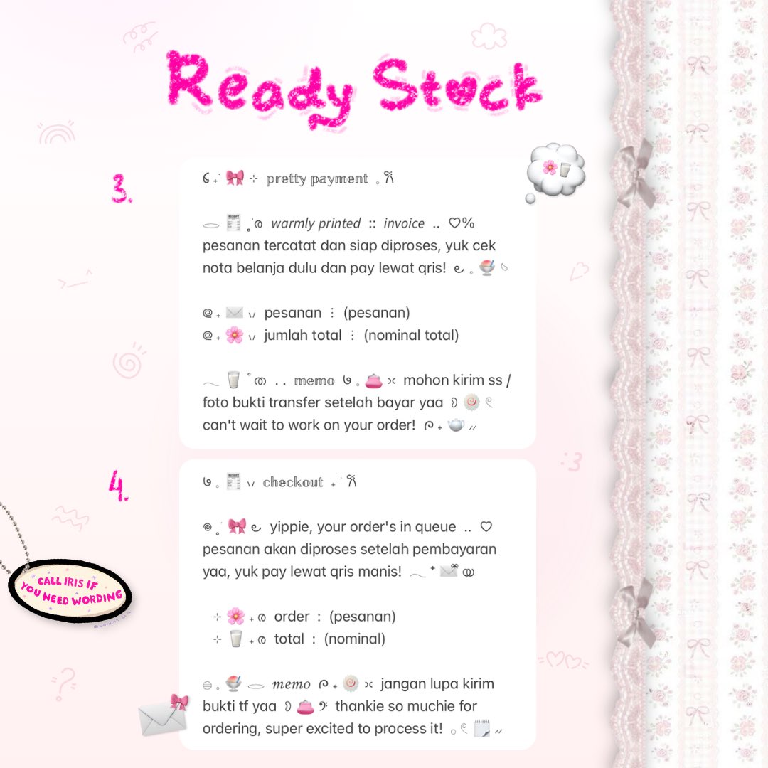 wordinh's tweet photo. ⠀
𝗍𝖺𝗉 𝕣𝕥 𝗉𝗅𝖾𝖺𝗌𝖾  >____♡%

🧾🌸  freshly restocked  ..  <  PAYMENT WORDING  >  🎀  mari jajan, hanya 6.000 koin per wording!  ✉️  boleh request ganti emoji yaa, tman—tmun!  🍧🍥  dm untuk take yaa, kindly mt after dm  :3

tags  —  rs ready stock #bealanja https://t.co/oPESiuPizj