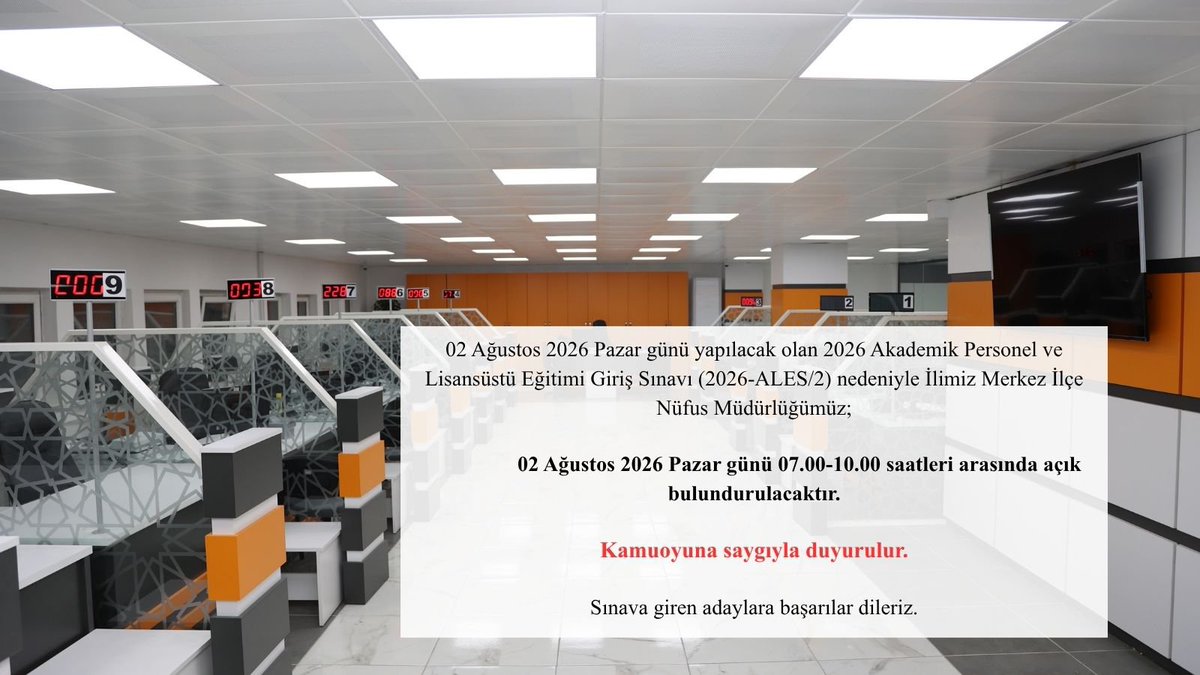 Giresun_Nufus's tweet photo. 2 Ağustos 2026 Pazar günü yapılacak olan 2026 Akademik Personel ve Lisansüstü Eğitimi Giriş Sınavı (2026-ALES/2),İlimiz Merkez İlçe Müdürlüğümüz 07.00-10.00 saatleri arasında açık bulundurulacaktır.

Sınava giren adaylara başarılar dileriz.

@TCNufus
@TC_giresun 
@ValiMustafaKoc https://t.co/AlcJPCRPGn