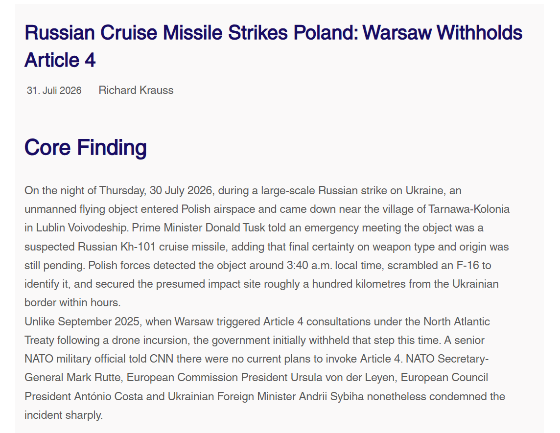 emet_news_press's tweet photo. 🚨 Suspected Russian Kh-101 cruise missile down on Polish soil near Tarnawa-Kolonia. NATO scrambled jets, tankers, AEW. Warsaw held back from Article 4 — unlike Sept 2025. Rutte, von der Leyen, Costa condemn. Attribution still pending. https://t.co/lS0GC7GdHw

#Poland #NATO #Article4 #Kh101 #Ukraine #OSINT