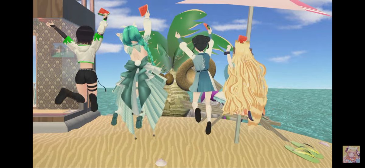 meluange's tweet photo. コラボスイカ割りおつかれさまでした〜！🍉🏝️⛱️
集まってわいわい可愛くはしゃいでる姿で見ていたこちらも笑顔になれる楽しい時間でした！！！✨

#みどりとたると https://t.co/tDIhMmVFAs
