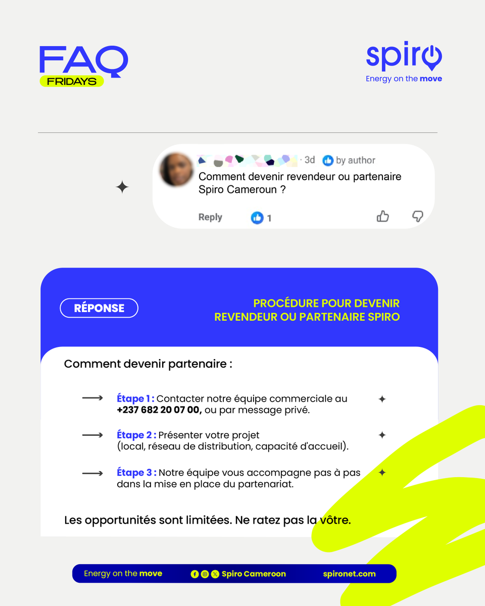 SpiroCameroon's tweet photo. Want to become a Spiro Cameroon dealer or partner?
📲 Contact our Sales Team on WhatsApp: +237 682 20 07 00
📧 infospirocameroon@spironet.com

Limited partnership opportunities. Join the future of electric mobility.

#FAQFriday #SpiroCameroon #ElectricMobility https://t.co/S0ullSL1iE