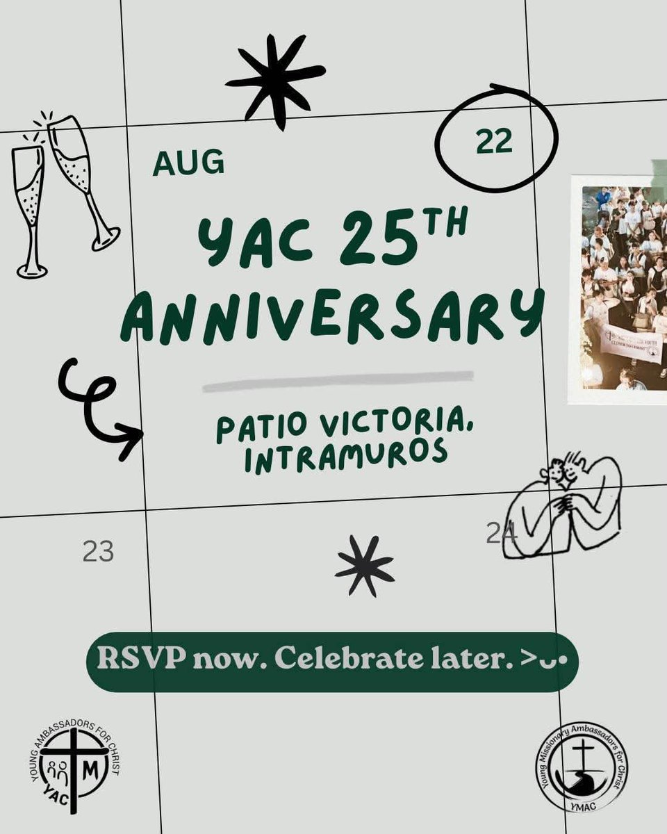 YMACmomqpm's tweet photo. #YACat25
Hello, everyone! (FOR YAC/ YMAC ONLY!!!)
Just a friendly reminder to secure your seat as we celebrate the 25th Anniversary of the Young Ambassadors for Christ (YAC) on August 22!
We can't wait to celebrate this milestone with you.
See you there!
#YAC & #YMAC https://t.co/KCgY8420F6