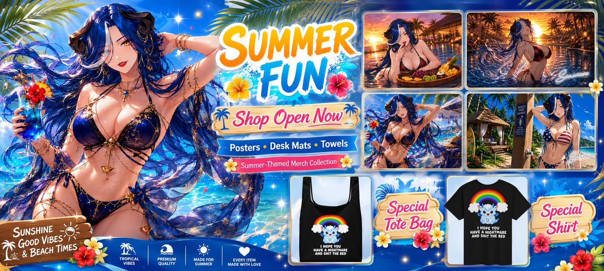 siniviere's tweet photo. ☀️ The Summer Fun Collection is officially live for a limited time!

I’ve got brand-new summer-themed posters, desk mats, and towels available in the shop, plus a special Sinibun tote bag and matching shirt for anyone who likes their cute merch with a little menace.

Come check it out, cuties! 💙🏖️

🛍️Shop here: https://t.co/Lwn7WxbBH4

#VTuberMerch #SummerMerch