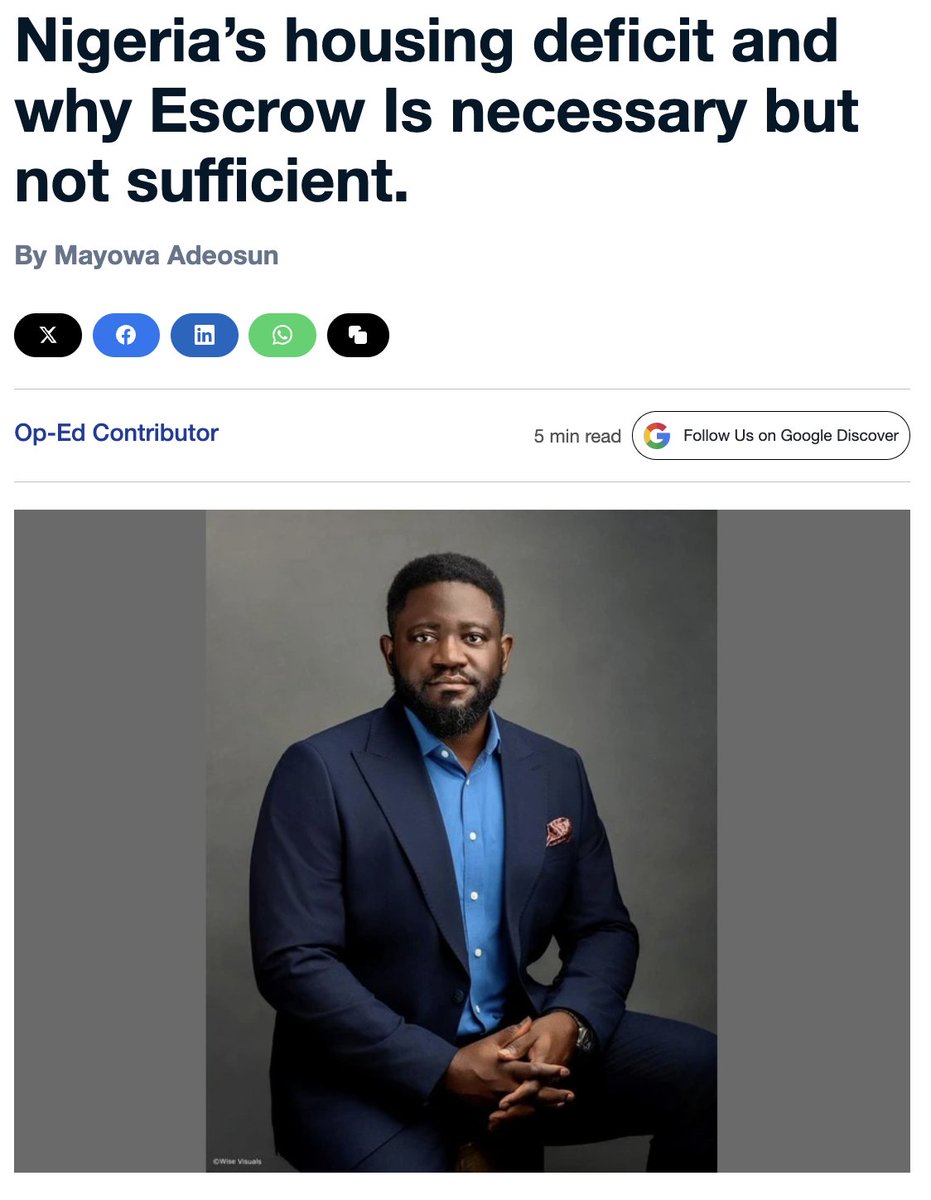MayowaAdeosun_'s tweet photo. Escrow tells you where the money is. Governance tells you what happened to it.

@nairametrics published my op-ed this week on Nigeria's proposed housing policy: licensing for developers, escrow for off-plan payments.

It's a real step forward. But the entire protection rests on one phrase: "released against agreed project milestones."

Who verifies the milestone?

If the answer is the developer's own progress report, the risk hasn't been removed. It's just moved from the bank account into the paperwork.

Three things would close the gap:

→ Independent, licensed verifiers
→ Releases tied to verified certification, not claims
→ An audit trail no single party can alter

Get that right and it protects more than homebuyers. It gives pension funds the governance they need to fund housing at scale.

Solve trust once, and capital moves twice.

Full article link: https://t.co/WDboa2u19x