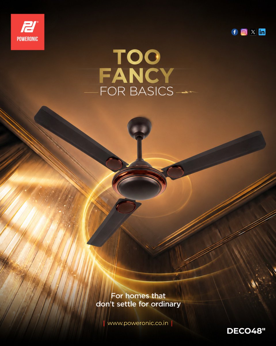 _poweronic's tweet photo. ✨ Too fancy for basics. Built for homes that deserve more.
Upgrade your space with the Poweronic DECO 48" Ceiling Fan.
#Poweronic #CeilingFan #ModernLiving #HomeEssentials #HomeDecor #InteriorDesign #PremiumFans #StylishHomes #ElegantInteriors #CoolingSolutions #HomeAppliances https://t.co/No9LgZyWxZ