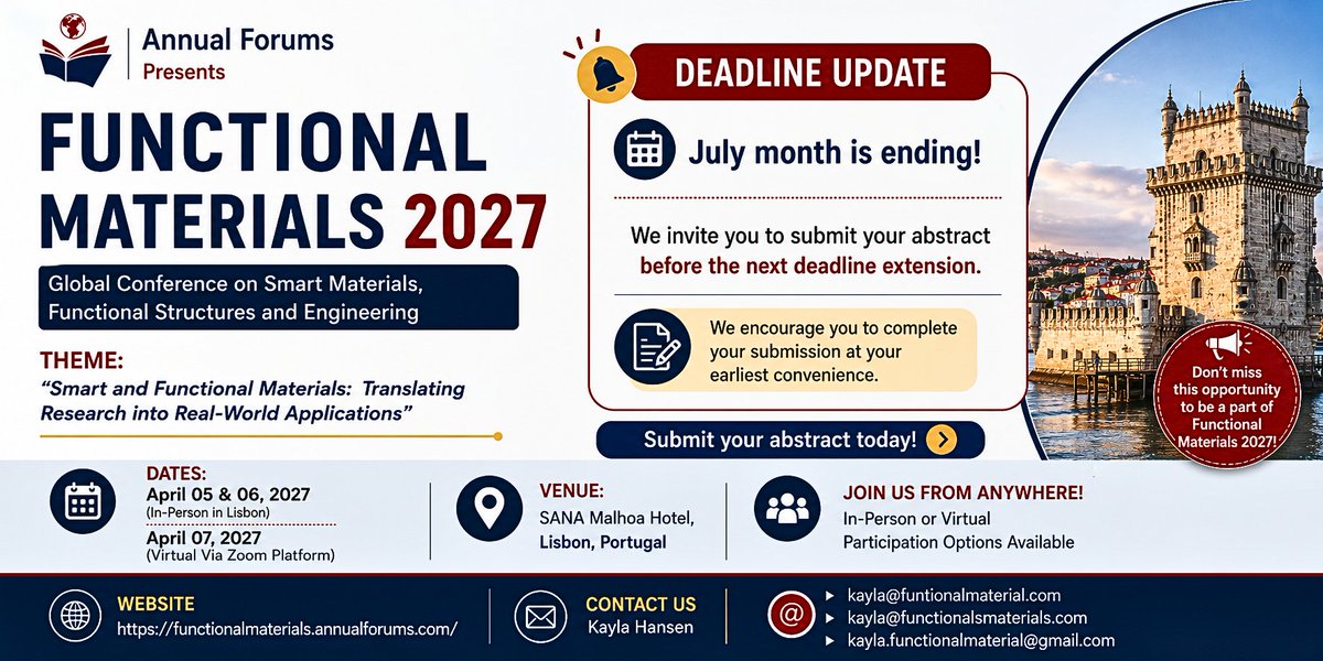 Functional_Mats's tweet photo. July ends today.
Complete your abstract submission before the next deadline extension. Join Functional Materials 2027.
for more details: https://t.co/1I14o91Yak
#FunctionalMaterials2027 #SmartMaterials #FunctionalMaterials #MaterialsScience #AdvancedMaterials #Nanomaterials https://t.co/mNjhU8W7c3