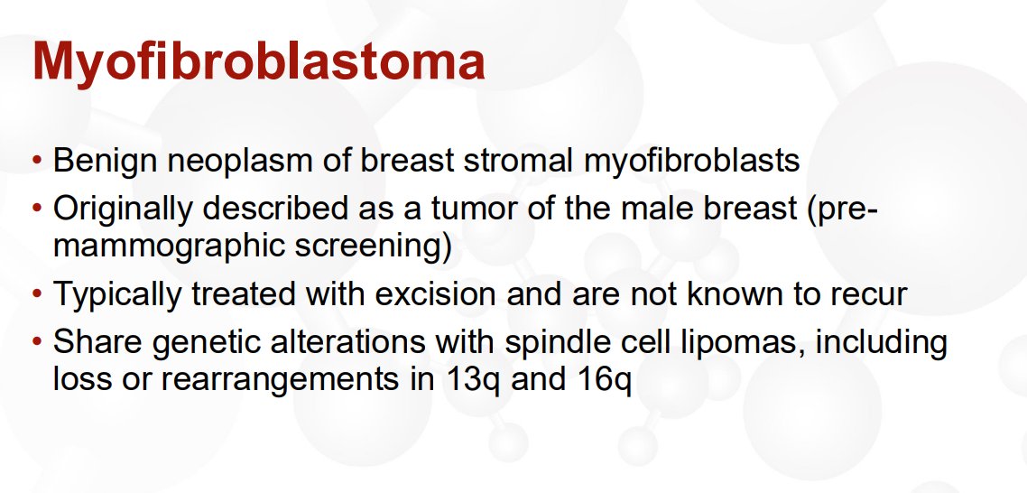 Janiranavarro's tweet photo. "Common" bland spindle cell lesions of breast
Myofibroblastoma

- Benign neoplasm of breast stromal myofibroblasts
- Typically treated with excision and are not known to recur
- Share  genetic alterations with spindle cell lipomas
- IHC: Positive for CD34, ER, SMA and desmin

Dr. Cimino-Mathews #USCAP #pathology #PathX #pathtwitter #breastpath