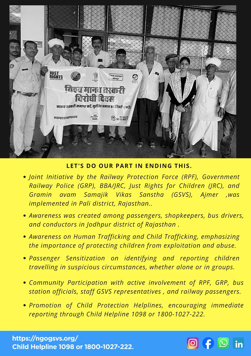 gsvs14's tweet photo. विश्व मानव तस्करी निषेध दिवस के अवसर पर ग्रामीण एवं सामाजिक विकास संस्था (GSVS) द्वारा पाली जिले के रेलवे स्टेशन एवं जोधपुर जिले के स्थानीय केंद्रीय बस स्टेशन पर जन-जागरूकता अभियान आयोजित किया गया।
Child Helpline: 1098/1800-1027-222
#WorldDayAgainstTraffickingInPersons https://t.co/OmjIh691FF