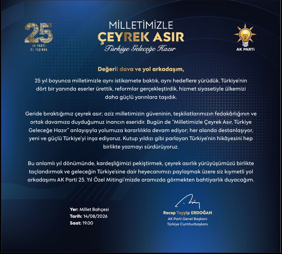 hasanakyoll06's tweet photo. Sevdalılar buluşuyor.

📍Başkent Millet Bahçesi
🗓️14/08/2026
⏰ 19:00

Çeyrek asırlık destanımızı #KalbimizAltındağ da kutluyoruz. Tüm hemşerilerimizi bekliyoruz.

@RTErdogan https://t.co/EaU5BEu8IM