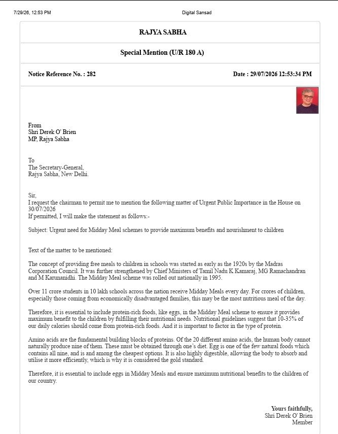 derekobrienmp's tweet photo. Never ever thought I would have to fight in Parliament to get EGGS on the menu for kids. We did. We won. Kids won. Bengal Govt reverses its decision, now decides to serve eggs in Midday Meals.
My notice in Parliament on "Urgent need for Midday Meals (with eggs) to nourish kids" https://t.co/3mDvRLp9Tx