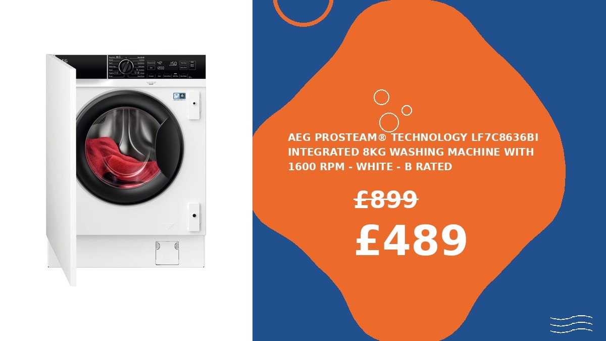 seeitkeepit1's tweet photo. AEG ProSteam® Technology LF7C8636BI Integrated 8kg Washing Machine with 1600 rpm - White - B Rated NOW: £489.00 | WAS: £899.00:
#deals #aouk https://t.co/6LTr8sLMAW