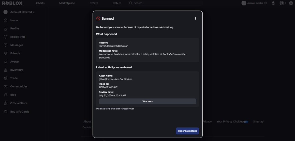 vampire6362's tweet photo. We love getting banned for absolutely no reason at all with years of hard work down the drain. Roblox, the community needs answers for this because clearly innocent creators are being affected. 

@Roblox @Roblox_RTC @SharkBloxYT @KreekCraft #RobloxDev #Roblox #Robloxban https://t.co/B4XXniwuTS