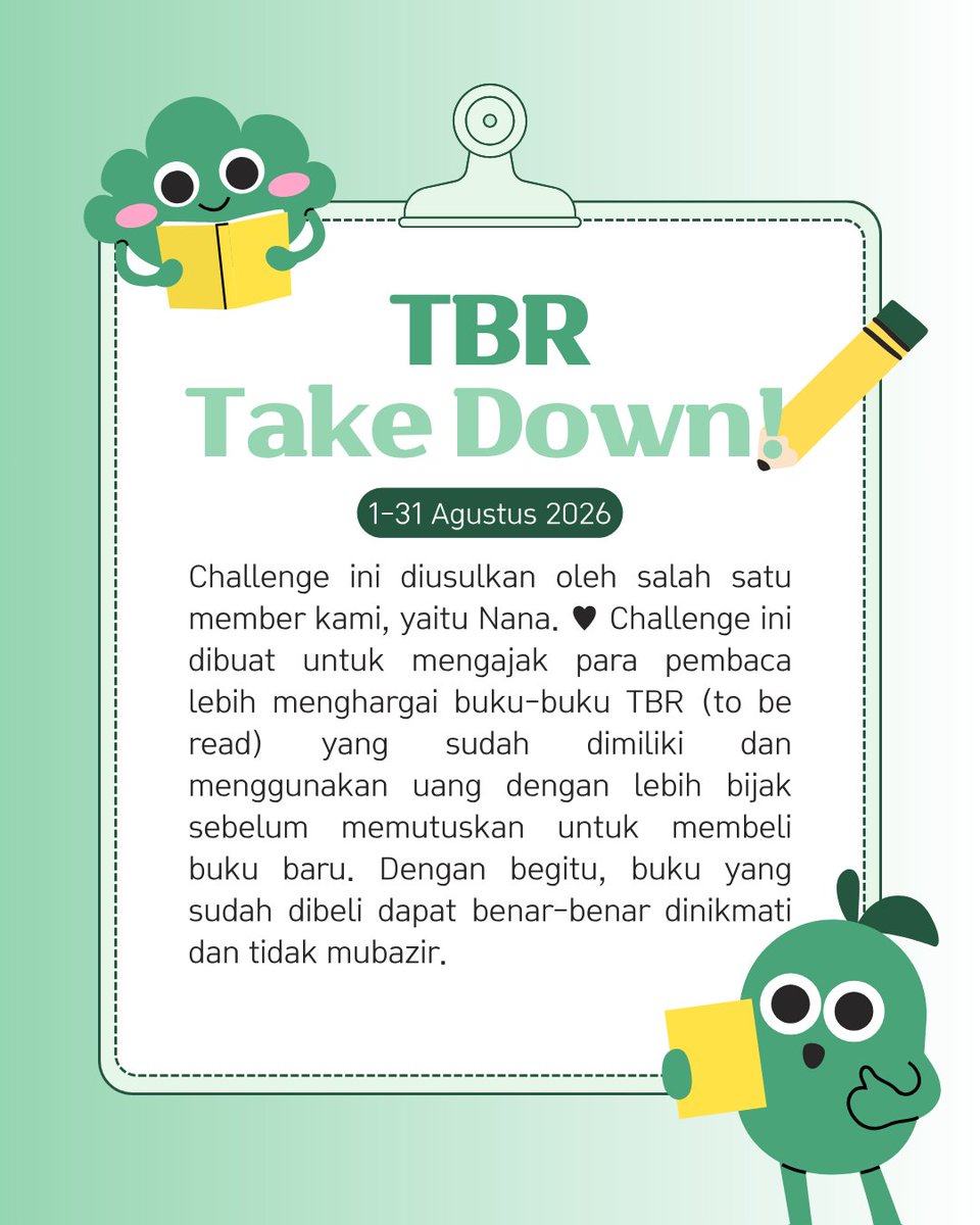 cozy_book's tweet photo. [August Reading Challenge]
1-31 Agustus 2026

TBR Take Down ⬇️
#TBRTakeDown

We invite you all to join our reading challenge to clear out your TBR! Check out the rules below. 🤍 https://t.co/Kz1xhbs5Jv