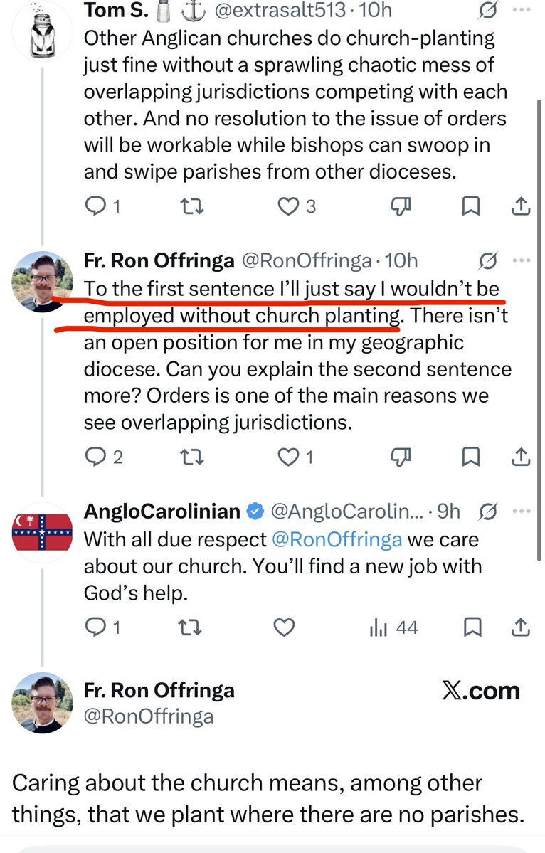 AngloCarolinian's tweet photo. @RonOffringa @extrasalt513 My point is that your employment is not an argument for the mess of overlapping non-geo dioceses. Sorry if I didn’t make that simple enough, Father. https://t.co/J8Ya9GHXYX