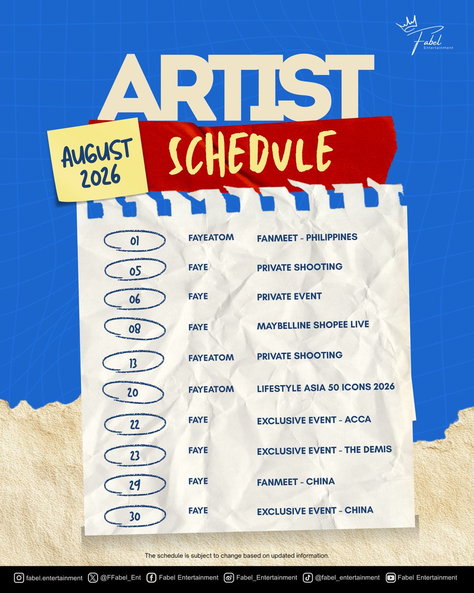FFabel_Ent's tweet photo. Artist Schedule - AUGUST 2026 🗓️

⚠️ The schedule is subject to change based on updated information.

#FayeAtom
#FayePeraya #AtomPariya
#FabelEntertainment https://t.co/qZ3W2Dkyu8