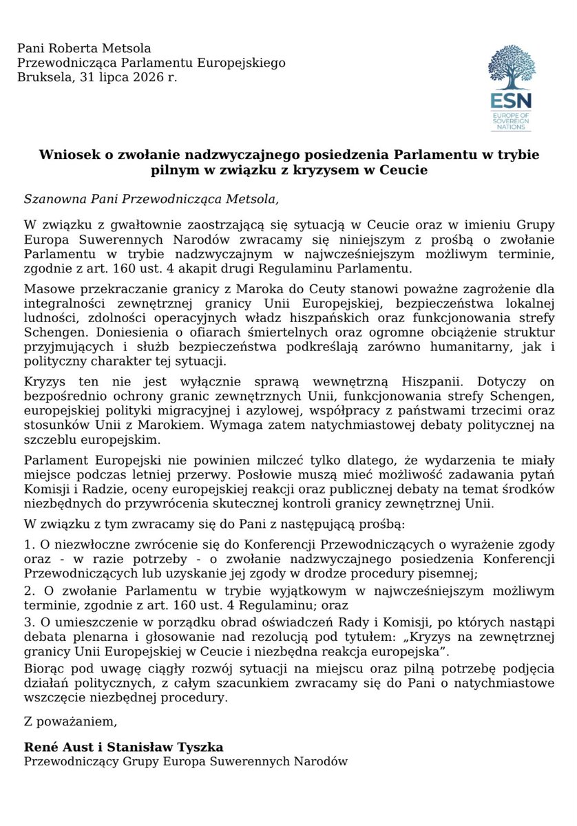 Wystąpiłem o nadzwyczajne posiedzenie Parlamentu Europejskiego w związku z inwazją migrantów na Hiszpanię. W ciągu zaledwie 24 godzin do Ceuty przedostało się nielegalnie około 49 tys. migrantów – wynika z szacunków hiszpańskiego MSW. Hiszpania kompletnie straciła panowanie nad