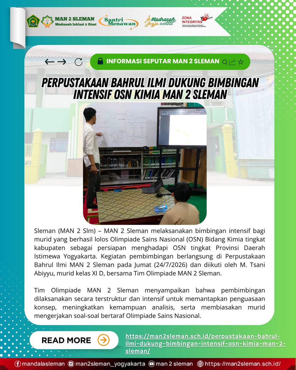 MAN2Sleman2's tweet photo. 📰Perpustakaan Bahrul Ilmi Dukung Bimbingan Intensif OSN Kimia MAN 2 Sleman ✨

Berita selengkapnya di https://t.co/ZwzE1jiZMg
#BeritaMAN2Sleman https://t.co/Rc1lZk7W5X