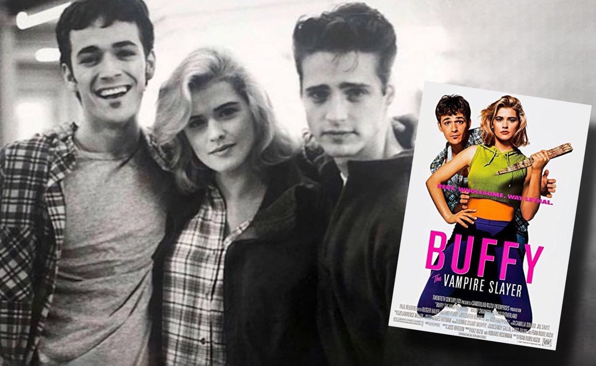 rewatching90210's tweet photo. Rare picture of Jason Priestley visiting his co-star Luke Perry on the set of Buffy the Vampire Slayer — released in theaters on this day in 1992. https://t.co/fjLHC14fQL