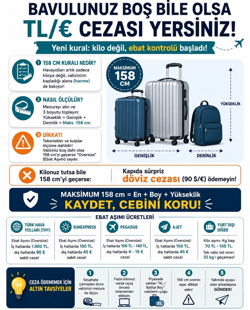 ogretmensitemiz's tweet photo. BAVULUNUZ BOŞ BİLE OLSA TL/€ CEZASI YERSİNİZ!

Yeni kural: Kilo değil, ebat kontrolü başladı!

1. 158 CM KURALI NEDİR?

Havayolları artık sadece kiloya değil, valizinizin kapladığı alana, yani hacme de bakıyor.

2. NASIL ÖLÇÜLÜR?

Mezurayı alın ve üç boyutu toplayın:

Yükseklik + Genişlik + Derinlik = Maksimum 158 cm

3. DİKKAT!

Tekerlekler ve kulplar ölçüme dahildir.

Valiziniz boş olsa bile 158 cm’yi geçerse “Oversize” (Ebat Aşımı) sayılır.

Kilonuz uygun olsa bile valiziniz 158 cm’yi geçerse kapıda sürpriz döviz cezası ödeyebilirsiniz.

MAKSİMUM 158 CM

En + Boy + Yükseklik = Maksimum 158 cm

KAYDET, CEBİNİ KORU!

EBAT AŞIMI ÜCRETLERİ

Türk Hava Yolları (THY)
Ebat aşımı:
İç hatlarda 1.000 TL
Dış hatlarda 90 dolar sabit ceza

SunExpress
Ebat aşımı:
İç hatlarda 150 TL
Dış hatlarda 45 avro sabit ceza

Pegasus
Ebat aşımı:
İç hatlarda 100 TL–140 TL
Dış hatlarda 4–15 avro

AJet
Ebat aşımı:
İç hatlarda 150 TL
Dış hatlarda 45 avro sabit ceza

Diğer yurt dışı uçuşları
Kilo aşımı: Kilogram başına 70 TL–105 TL
Tek valiz üst sınırı: 32 kilogram

CEZA ÖDEMEMEK İÇİN ALTIN TAVSİYELER

Seyahate çıkmadan önce valizinizi mezura ile ölçün.

Fazla kilonuz varsa uçuş öncesinde internetten ek bagaj satın alın.

Piyasada satılan “XL” veya “Battal Boy” valizlerin çoğunun ölçülerini kontrol edin.

Valiziniz 158 cm sınırını aşabilir, dikkat edin.

Yakında uçuşu olan arkadaşınıza gönderin