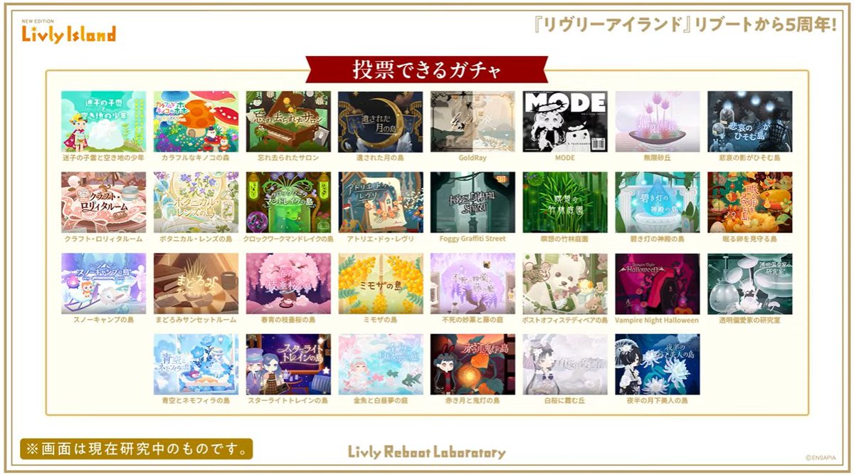 livly_lib's tweet photo. 【5周年イベント】
投票企画

8月1日より、30テーマから選んで投票をできるイベントがはじまります！
投票は1人1日1回となります。中間発表も用意されているそうです。

一位に輝いたテーマは、「物語の続き」のガチャが登場します！

#リヴリー研究共有会 https://t.co/ZNcvWt5HgG