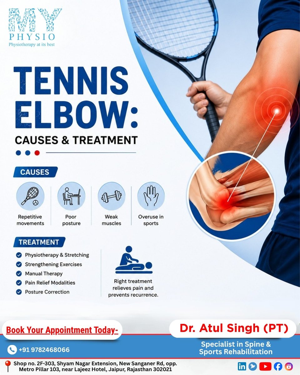 MyPhysioIndia's tweet photo. 🎾 Elbow pain doesn't just affect tennis players!

Repetitive movements, poor posture, weak muscles, and overuse can lead to Tennis Elbow. Early physiotherapy helps reduce pain, restore strength, and prevent recurrence.

📞 Book an appointment: +91 9782468066 https://t.co/F226QOXI0z