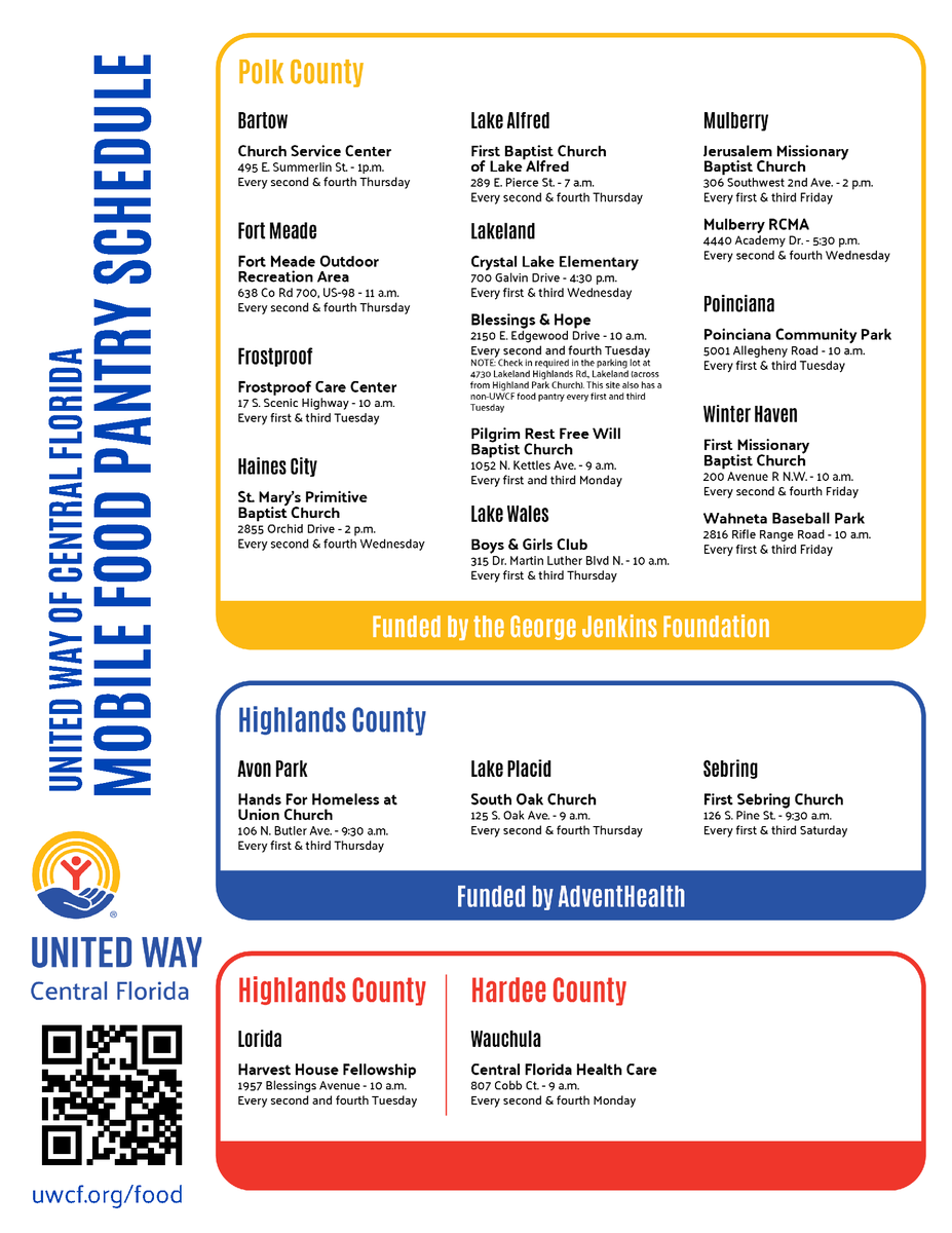 HFCFL's tweet photo. 🍎🥫 Looking for food assistance in Polk, Highlands, or Hardee County?

The United Way of Central Florida Mobile Food Pantry provides food distributions at multiple locations throughout our community.

More information: https://t.co/daL7OgBoSu https://t.co/1yne7Qa3Fg