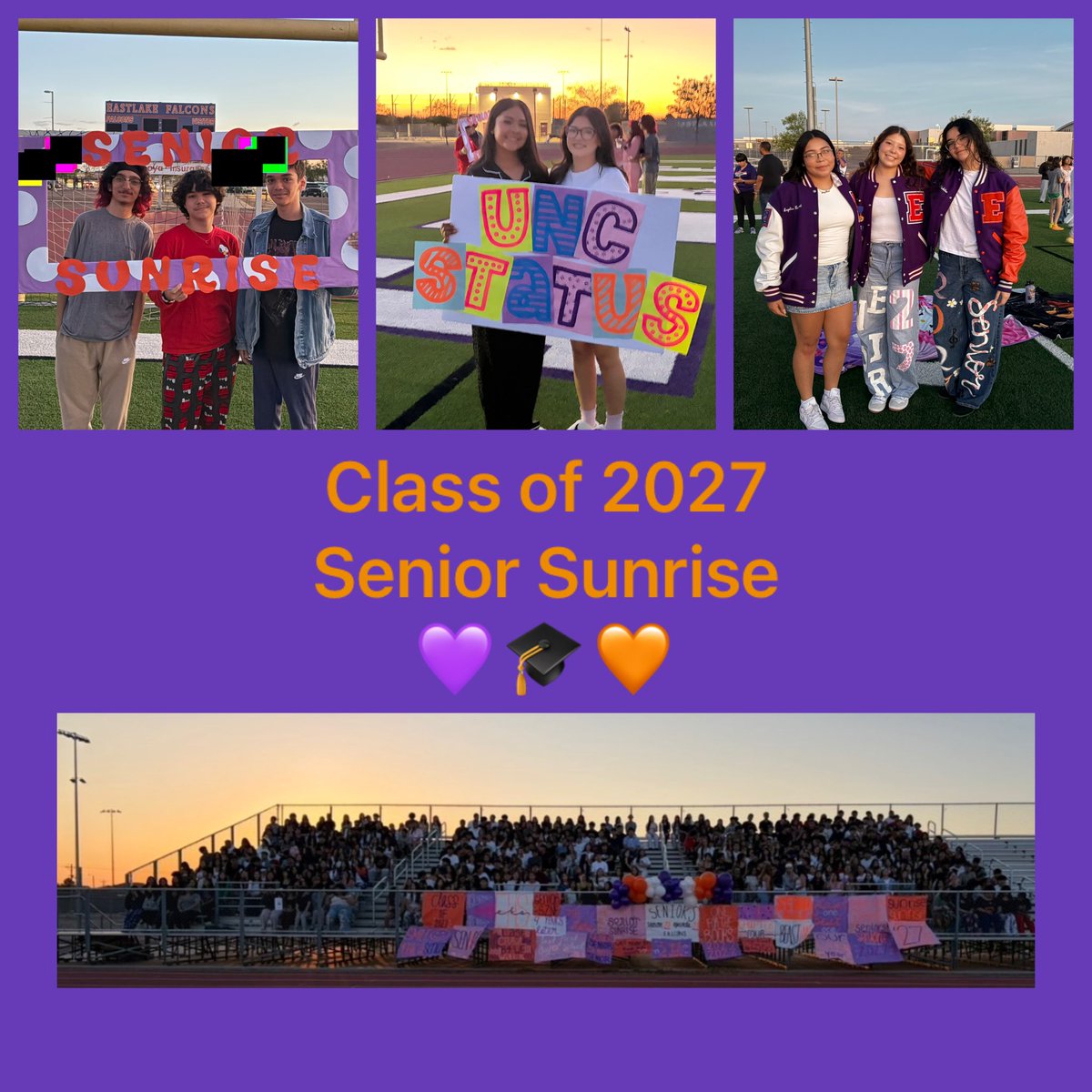 Eastlake_HS_'s tweet photo. Eastlake HS Class of 2027 gathered to celebrate senior sunrise & the start of their final year as Falcons! Let’s soar into an incredible year together! 💜🧡#FalconStrong @SocorroISD https://t.co/frlbotPAoj