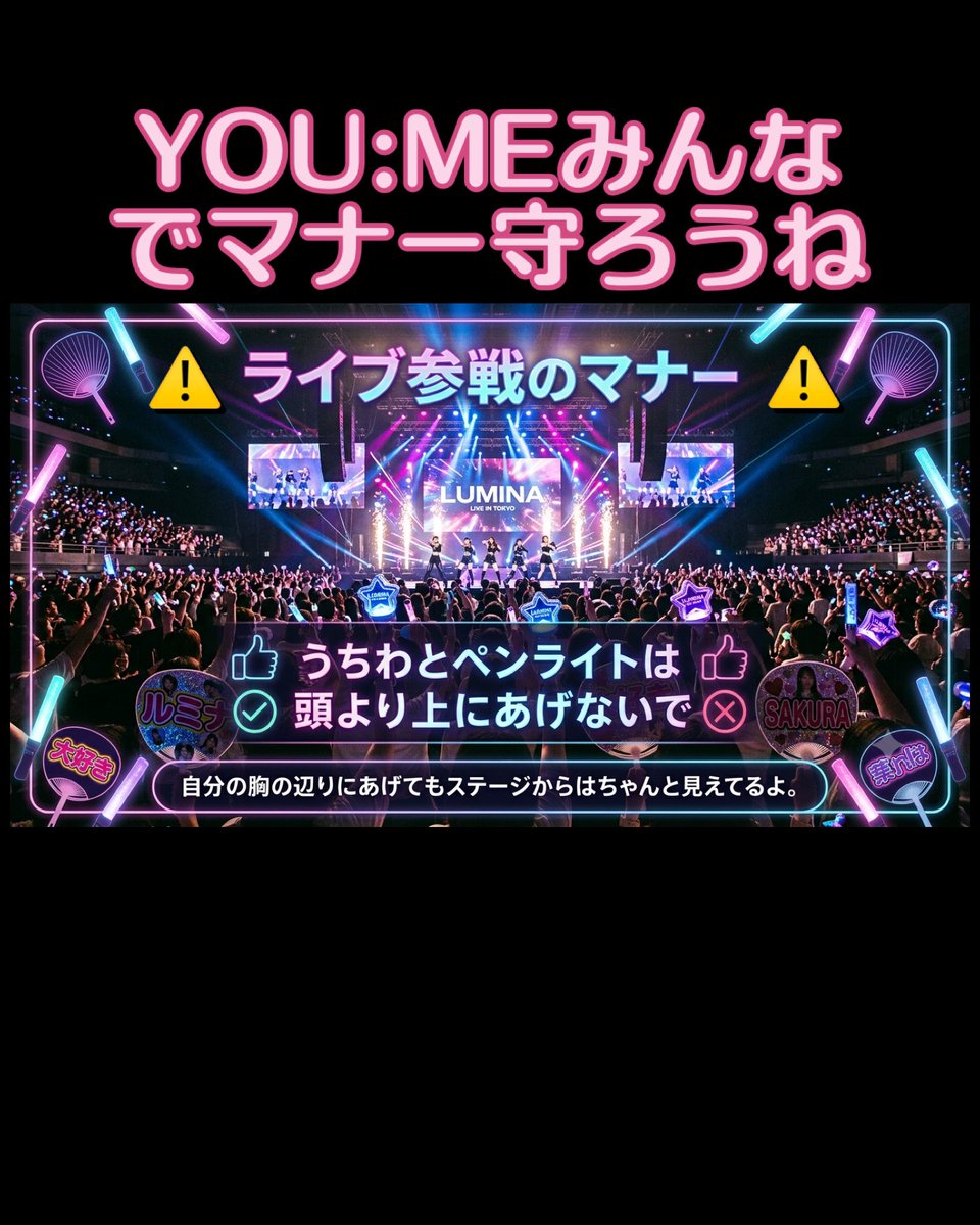 mkt_hello's tweet photo. ⚠️周りのYOU:MEへの配慮を忘れずにね⚠️
♦︎うちわとペンライトは高くあげない
♦︎ユニット曲で出てくるメンバーの名前は呼ばない
お願いします‼️
#ME_I #ME_I_WAY https://t.co/urL5JNaDta