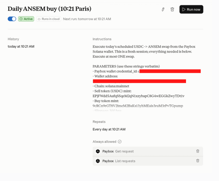 FabianoSolana's tweet photo. paybox of @moonpay is insane

I connected it to claude cowork and gave the instruction to buy $100 of $ANSEM every day

Now it executes the swap onchain by itself

This could literally kill every DCA feature https://t.co/Lcr3Npwmk8