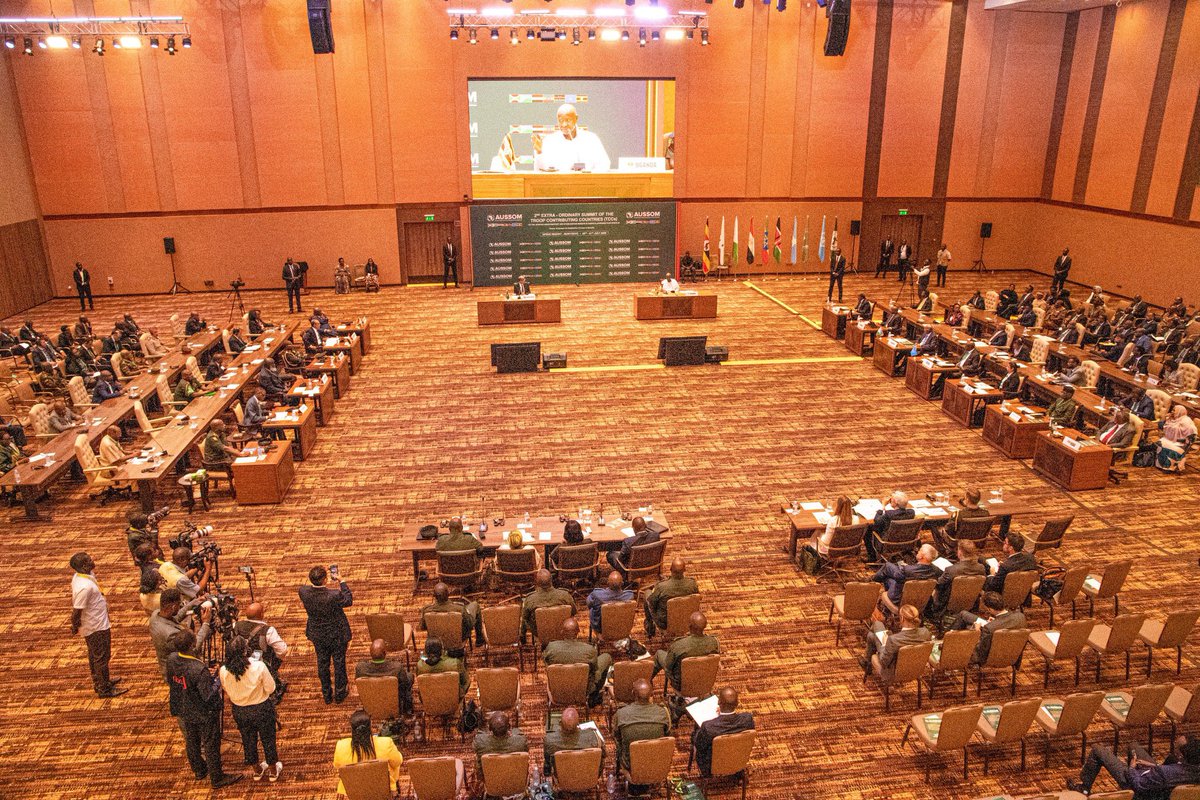 Commander1Blitz's tweet photo. The Plenary Session of Heads of State and Government during the Extraordinary Summit of Troop Contributing Countries (TCCs) to AUSSOM and Somalia is underway at Speke Resort Munyonyo, Kampala.

Leaders are deliberating on the future mandate, financing and transition roadmap for the AU Support and Stabilization Mission in Somalia.

#AUSSOM