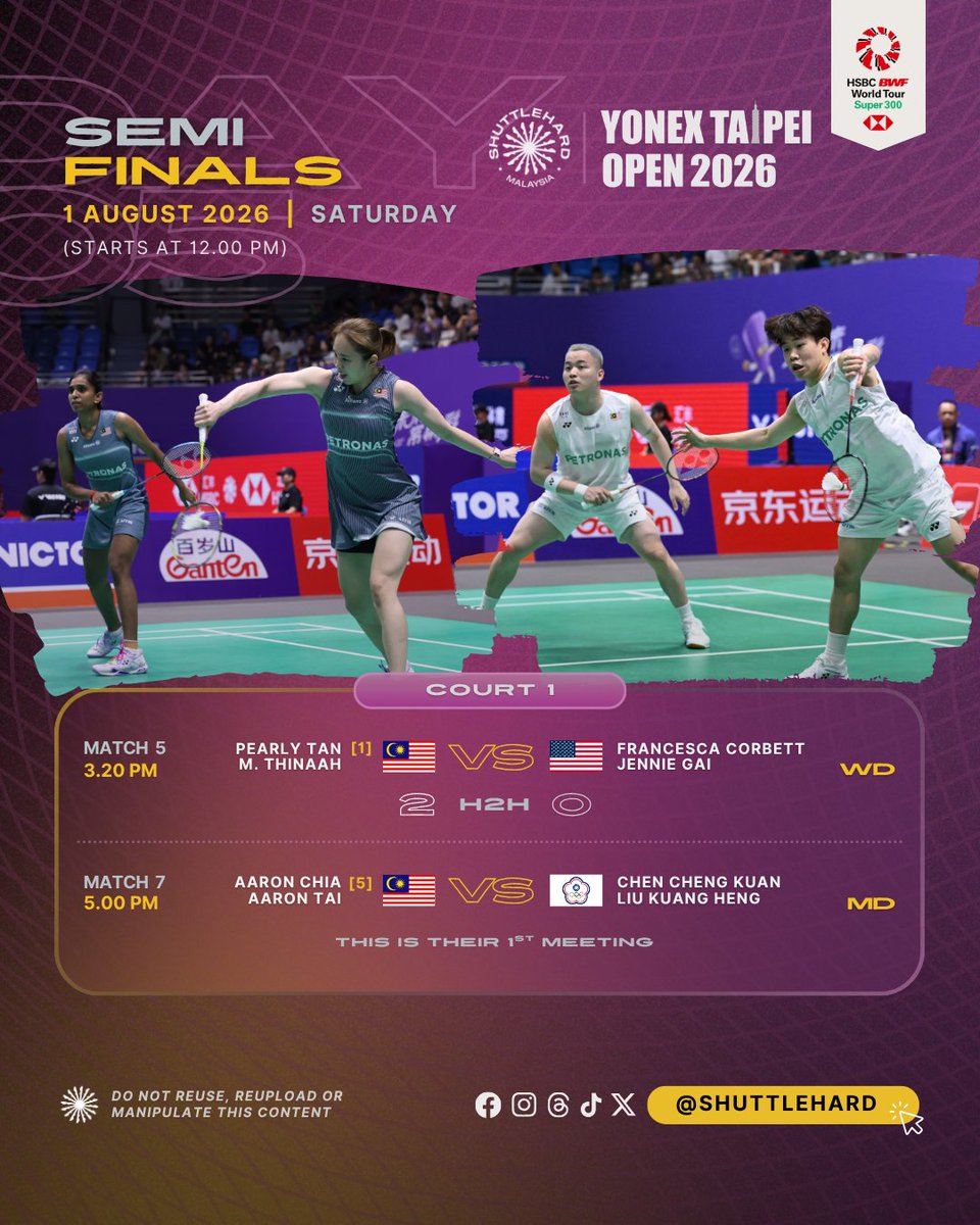 ShuttleHard's tweet photo. Jadual Perlawanan #TaipeiOpen2026
Hari Kelima | Separuh Akhir

🕓 Bermula 12.00 Tengah Hari
📺 Astro Badminton CH 815

0️⃣2️⃣ wakil teruskan cabaran #BadmintonMalaysia untuk memburu tiket final di Taipei Arena 💪

🇲🇾 Pearly & Thinaah 🆚 gandingan meningkat naik dari Amerika Syarikat 🇺🇸 dengan rekod pertemuan 2️⃣-0️⃣

🇲🇾 Duo Aaron 🆚 wakil tuan rumah yang ke-0️⃣4️⃣ dalam kejohanan ini

📸: China Open

#YONEXTaipeiOpen 
#UNBRKBL 
#ShuttleHard