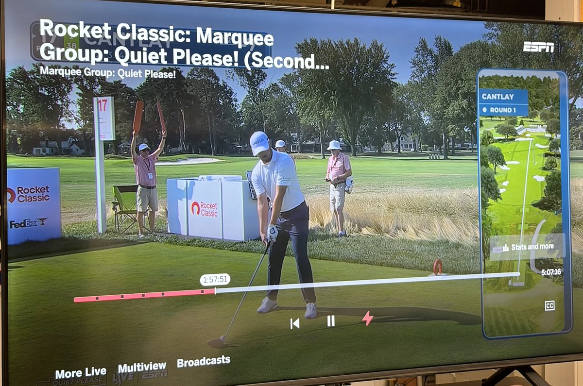 BarryRozner's tweet photo. The @pgatour priorities are pretty much a disaster these days, and what passes for creativity is embarrassing. But this is long asked for and brilliant: no announcers. Just players, caddies and birds. Thank you. #ESPNplus https://t.co/kFxtiDOZkB
