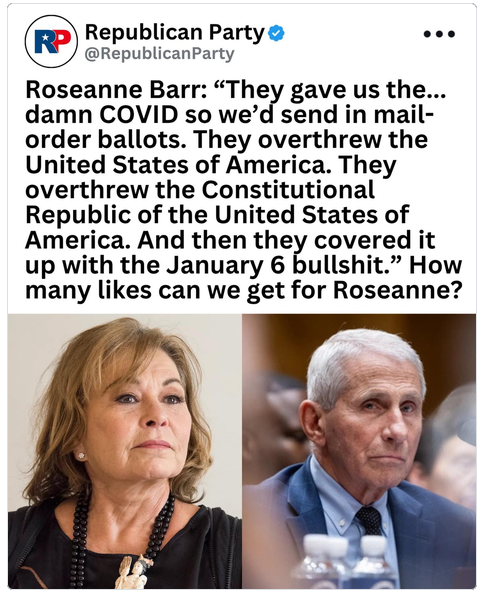 RockyMtMama1's tweet photo. Roseanne Bar is spot on. Dems used covid to overthrow our country  we gave them Trump https://t.co/ee71q9stwI