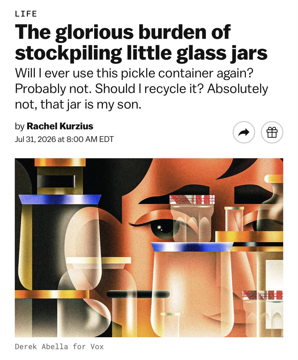 Curious_Kurz's tweet photo. Have you ever held onto a fun-shaped jar because maybe you will be a person who meal preps or does art projects?

The container may be empty, but it’s full of possibility. 

For @voxdotcom, I wrote about the glorious burden of stockpiling jars. Gift link: https://t.co/SsKljg8hSE https://t.co/EGBCYdOAEx