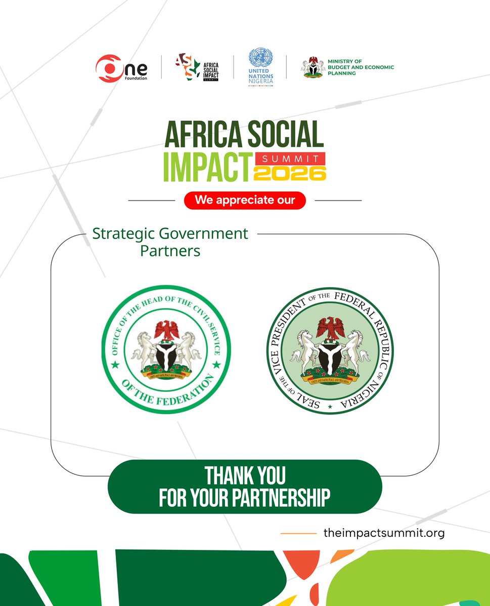 onefoundationng's tweet photo. We extend our sincere appreciation to our Government Strategic Partners—the Office of the Head of the Civil Service of the Federation and the Office of the Vice President of the Federal Republic of Nigeria—for their invaluable partnership and support in making the Africa Social Impact Summit 2026 a success.

Your commitment to advancing dialogue, strengthening collaboration, and championing sustainable development helped reinforce this year’s theme, “Financing for Development: Building Resilience and Transforming Emerging Economies.” Together, we created a platform where policy, innovation, investment, and partnerships converged to shape solutions for Africa’s future.

Your leadership reminds us that building resilient economies requires strong institutions, bold vision, and collaboration across every sector.

Thank you for standing with us as we continue to drive meaningful action and lasting impact across the continent.

#ASIS2026 #AfricaSocialImpactSummit #FinancingForDevelopment #GovernmentPartnership #BuildingResilience #PartnershipsForImpact