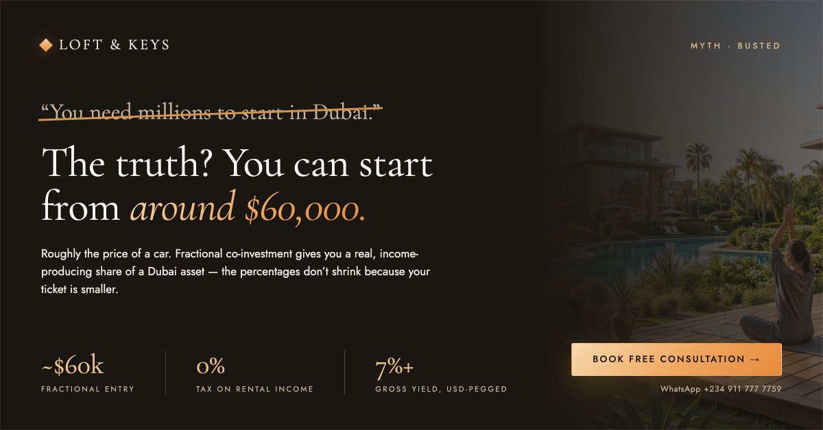 loftandkeys's tweet photo. The idea that Dubai property is only for the very wealthy is quietly costing ordinary investors their entry.

It is simply not true. Fractional co-investment starts from around 60,000 dollars, roughly the price of a car, and gives you a real, income-producing share of a Dubai asset. Entry-level whole units in strong mid-market communities begin around 450,000 dollars.
At those levels you are not buying a lesser version of the opportunity. A studio in a high-demand community can produce a gross yield above 7 percent, in a dollar-pegged currency, with zero tax on the rent. The percentages do not shrink because your ticket is smaller.

What the “you need millions” myth really does is make people wait until they have a fortune, by which point the entry prices they were saving toward have already moved.

The truth is closer to the opposite. The smaller, sensible first position is often the smartest one, because it gets you into the market learning with real skin in the game.

So be honest with yourself: what number did you assume you needed before you could even start?

#FractionalOwnership #DubaiProperty #PropertyMyths #InvestInDubai #WealthBuilding #loftandkeys https://t.co/ajuWGUz5zM