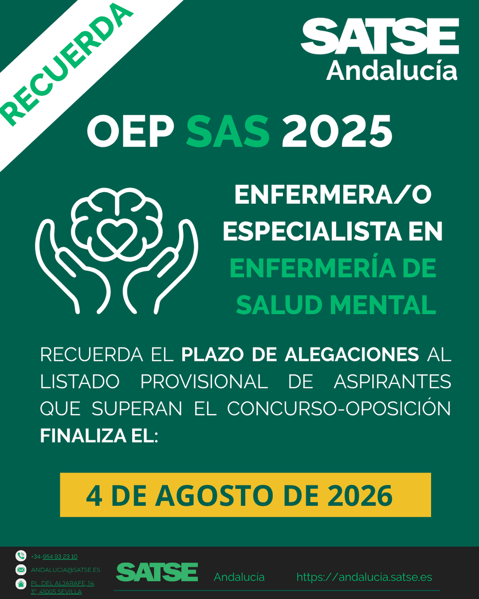 SATSE_Andalucia's tweet photo. 🧠#SATSE Recuerda: Listas provisionales del concurso-oposición OEP SAS 2025 de Enfermería Especialista en #SaludMental
🗓️El 4 de agosto de 2026, incluido, último día para presentar alegaciones.
🔗Listas y más información: https://t.co/BsHJj7qloc https://t.co/RQinBpYG5F