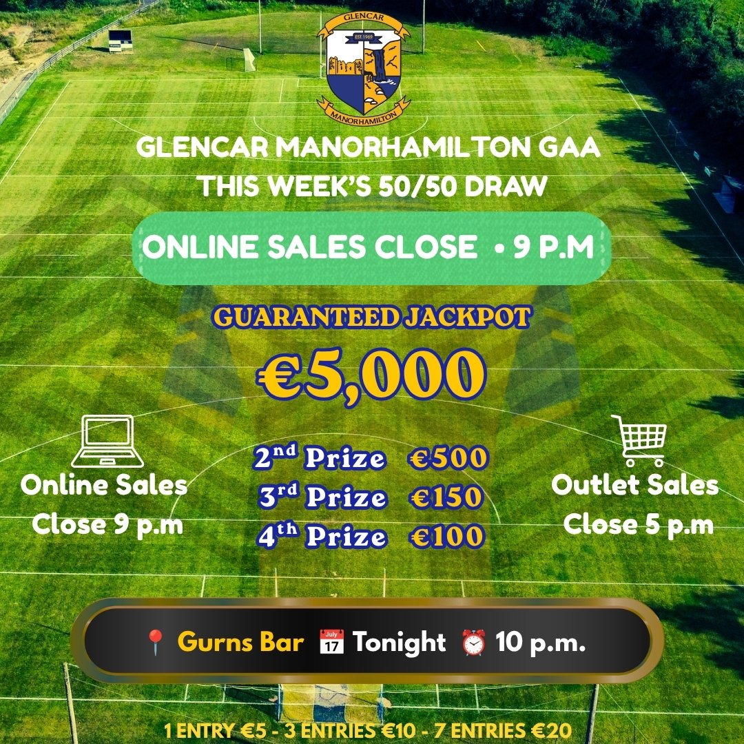 ManorGaa's tweet photo. DON'T MISS OUT – ONLINE SALES CLOSE AT 9 P.M. TONIGHT! 
https://t.co/2VbxPg2qas

The countdown is well and truly on! There's still time to be in with a chance of winning tonight's Guaranteed €5,000 Jackpot, but don't leave it too late.

Local outlet sales close at 5:00 p.m.
Online entries close at 9:00 p.m. sharp at https://t.co/2VbxPg2qas

Join us LIVE from Gurns Bar
Draw starts at 10:00 p.m.

Don't miss your chance to become tonight's big winner. Get your ticket before 9:00 p.m. and best of luck to everyone taking part!