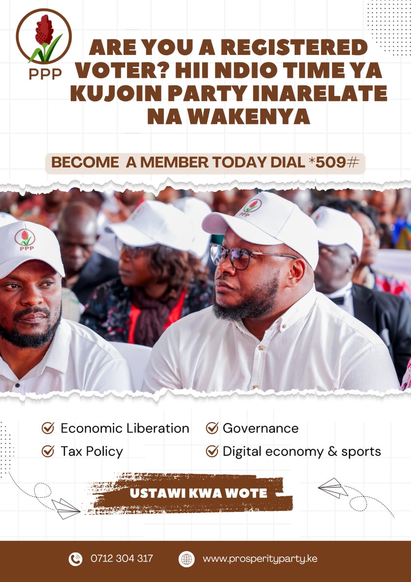 PeoplesProsper's tweet photo. BECOME A MEMBER OF THE PEOPLE’S PROSPERITY PARTY(PPP) TODAY!

Choose from two options. The ORPP SHORT CODE - *509# (Requires Airtime)  

OR

VIA ORPP WEB PORTAL: https://t.co/c3YCYBTfC2 (Requires Internet Bundles).   Let’s change Kenya one member at a time! #UstawiKwaWote #PPP https://t.co/7jcYrbvpkt