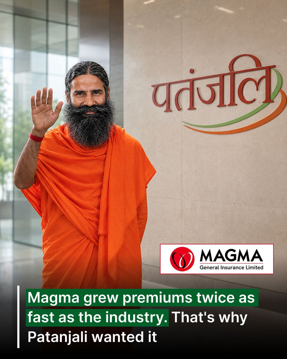 Pranayagg05's tweet photo. Magma General Insurance Limited made ₹27 crore in nine months. Patanjali is paying ₹4,500 crore for 73.56% of it.

Read only the P&L, and that trade makes no sense. Read what's actually being bought, and it makes complete sense.

As a CA, the first thing I look at in any acquisition is what's on the balance sheet versus what's in the price. Here, the price is not primarily about the ₹27 crore profit line.

What @PypAyurved  Limited is really buying:

→ A licence that just cleared IRDAI's final approval
→ A solvent balance sheet with more than 70 approved products
→ Years they didn't have to spend building an insurer from zero
→ A retail network across semi-urban and rural India where the brand already has reach

That last one is the real asset. Every general insurer in the country sells roughly the same products at roughly the same prices. Distribution into a market that already trusts you is not a commodity. It's the one thing money can't shortcut on its own, and I'd argue it's worth more than the ₹27 crore profit suggests.

This is the pattern I'd watch. The next wave of entrants into Indian financial services won't be startups building new products.

They'll be consumer brands with distribution nobody else can replicate, buying their way past the one problem that usually takes a decade to solve.

Which other consumer brands do you think are sitting on distribution a bank or insurer would pay a premium for?