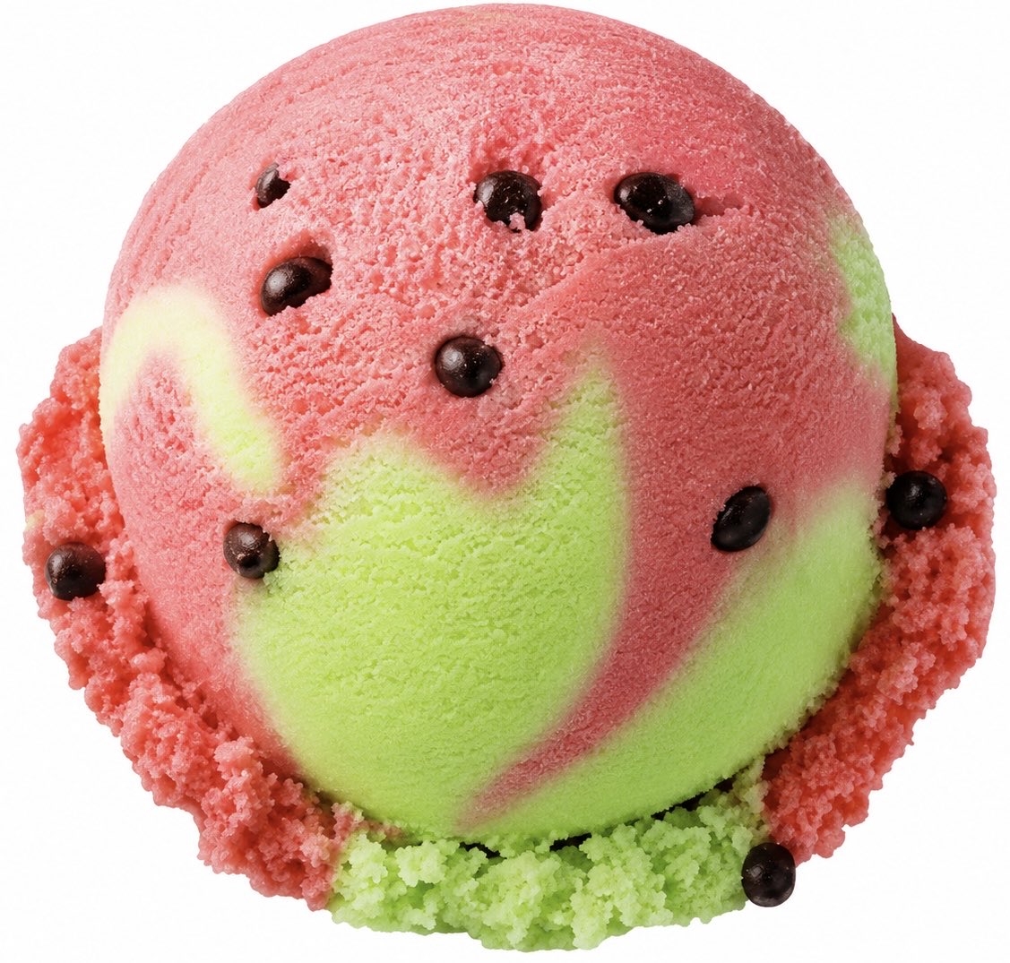sweetroad5's tweet photo. ８月１日(土)よりサーティワンから、スイカ果汁を使った赤とメロン風味の緑のソルベにパフチョコのタネでスイカを再現した「スイカサマー」が発売されます✨
https://t.co/DlKZa3YIeI https://t.co/ZoYpJXJaj1
