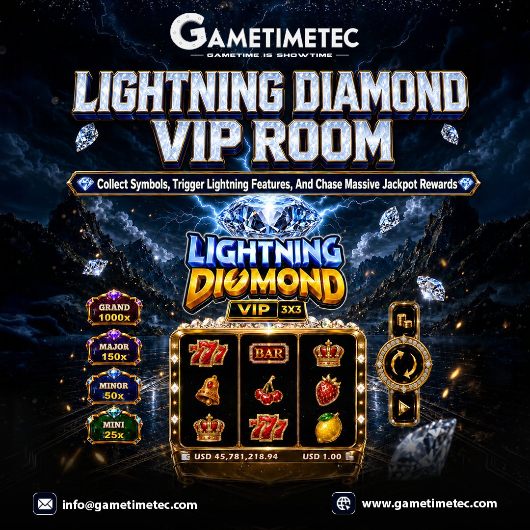 GameTimeTecGTT's tweet photo. 💎 A new VIP experience is entering the Hold &amp; Win category.

Lightning Diamond VIP blends classic slot appeal with feature-rich gameplay, offering players an engaging mix of Collect mechanics, random Lightning multipliers, and an action-packed Bonus Game. 

#newgame #playnow https://t.co/i44il9BlVz