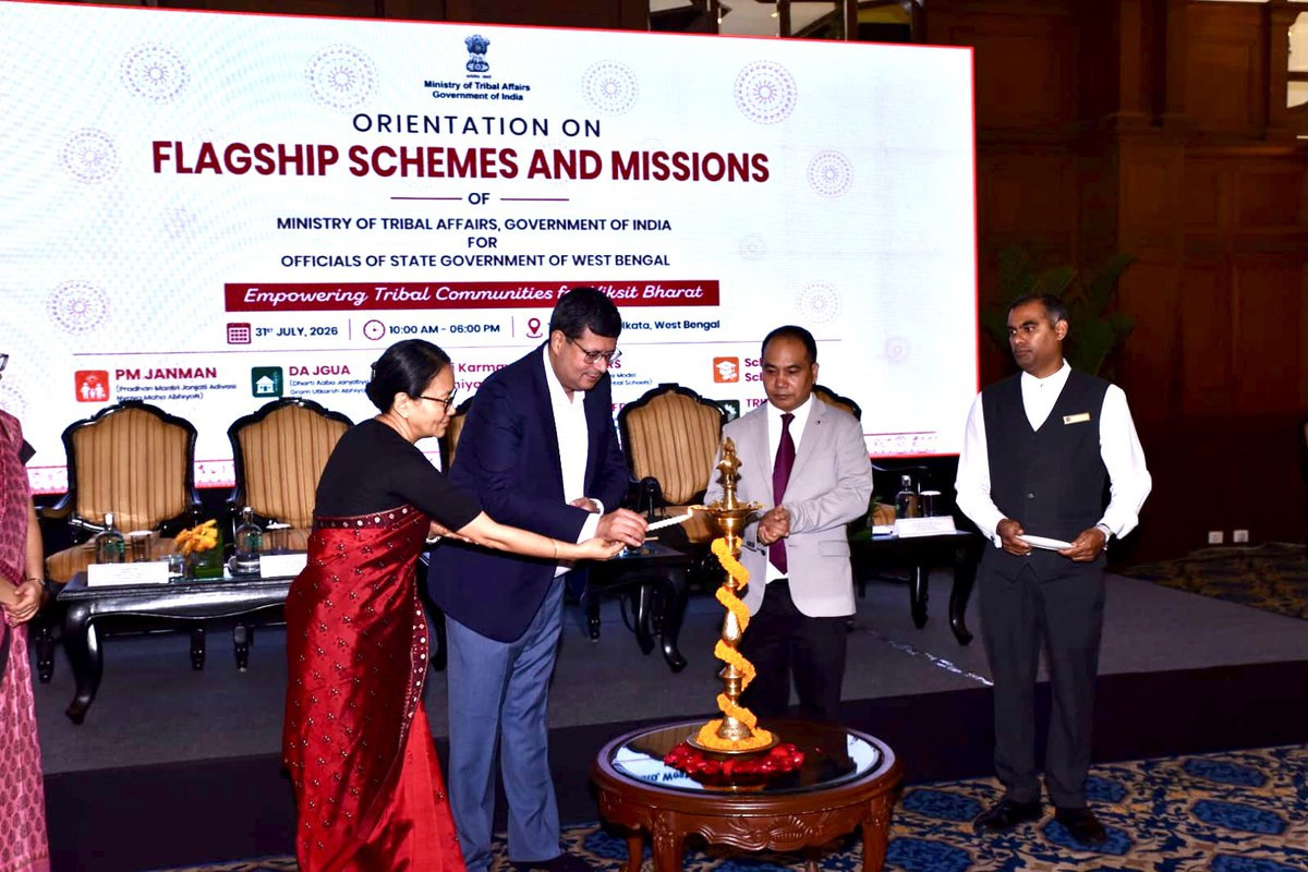 TribalAffairsIn's tweet photo. Strengthening implementation through collaboration and knowledge sharing.

The Ministry of Tribal Affairs is conducting an Orientation Programme on its flagship schemes and missions for officials of the Government of West Bengal in Kolkata. The programme is bringing together officials from the State Government, MoTA and partner organisations to deliberate on key initiatives including #PMJANMAN, Dharti Aaba Janjatiya Gram Utkarsh Abhiyan (DA-JGUA), #EMRS, Tribal Research Institutes, scholarship schemes, #TRIFED, #NSTFDC, Forest Rights Act implementation, and livelihood interventions. (1/2)

#DAJGUA #TribalDevelopment 
@narendramodi @PMOIndia @rashtrapatibhvn @jualoram @Dduikey