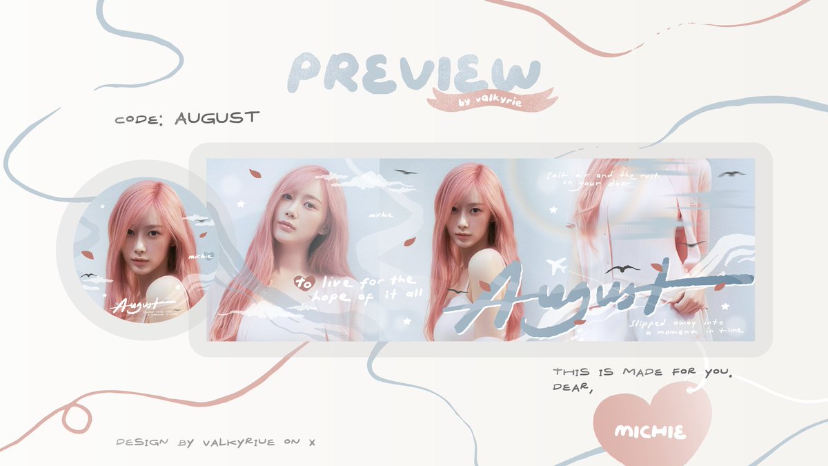 valkyriue's tweet photo. welcome august . . . 📅🍂

haiYy! ini katalog lama aku "AUGUST" 🌿yang aku rombak jadi versi baru :3 kenalan yuk! semoga mentemen suka yaa <3

📝: layout minji dan wonyoung-nya ufs yaa, yang mau jemput boleh dm aku langsung. thank you 💌 https://t.co/0pr0GcM6L1