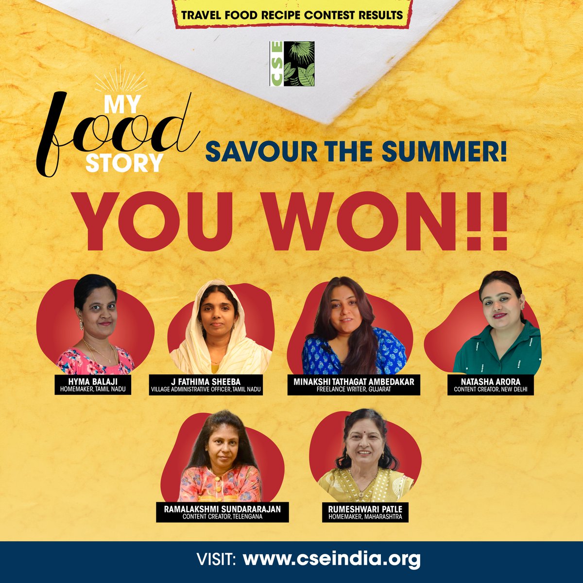 CSEINDIA's tweet photo. We are happy to announce the winners of the Summer Edition of  'My Food Story Contest'.

From more than 80 entries received from across India, six stories stood out. Our Super Six come from different regions, cultures and culinary traditions, but they all shared one thing in common: a cherished summer memory brought to life through food.

Meet the winners and explore their recipes here: https://t.co/6ScXhjMawR

Over the coming week, we will be featuring each of the winning recipes. Stay tuned!

Explore our My Food Story recipe dashboard here: https://t.co/oZu4sDCRza