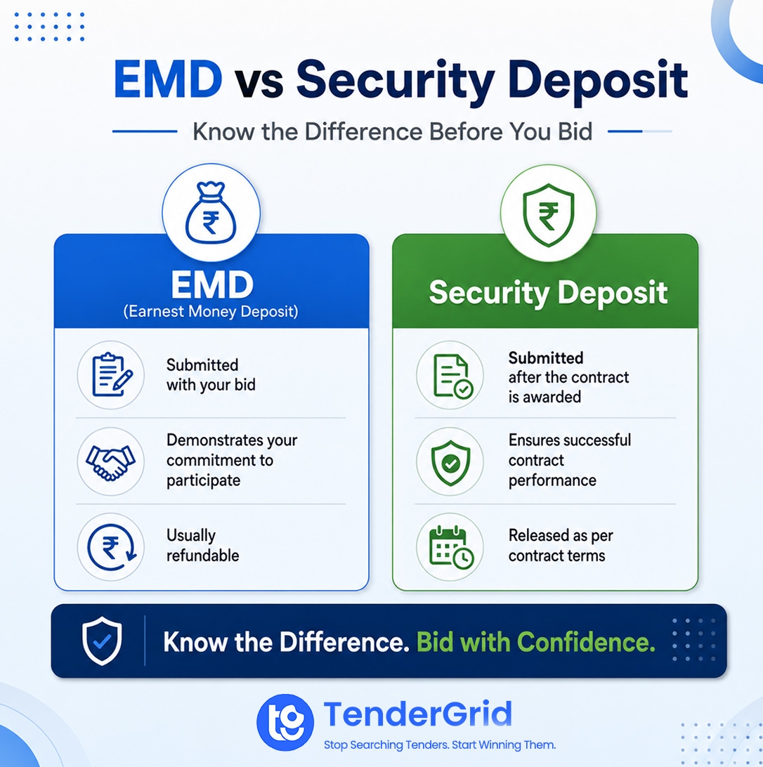 growthgrids's tweet photo. EMD and Security Deposit aren't the same.

🔹 EMD (Earnest Money Deposit): Submitted with your bid to show genuine intent to participate.

🔹 Security Deposit: Submitted by the successful bidder after contract award to ensure contractual obligations are fulfilled.

#TenderGrid https://t.co/0DpUpf549V